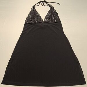 Vintage Victoria's Secret Black Lace Halter Babydoll Chemise Lingerie M